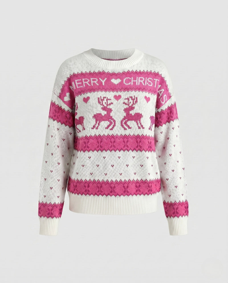 Women's Christmas Knit Sweater with Blue-White Motif and Crew Neck R&B