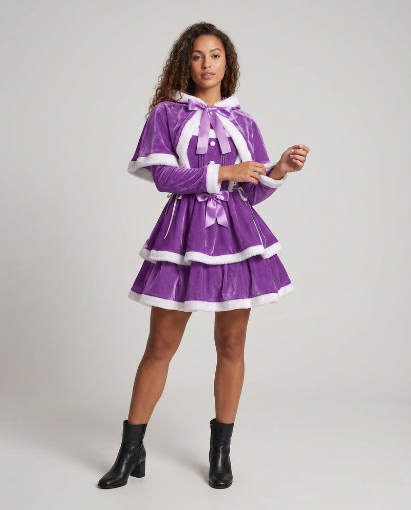 Women's Festive Christmas Dress with Hood and Ruffle Details
