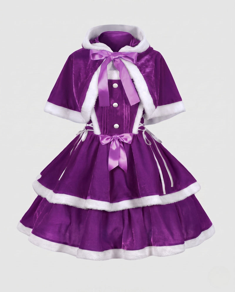 Women's Festive Christmas Dress with Hood and Ruffle Details