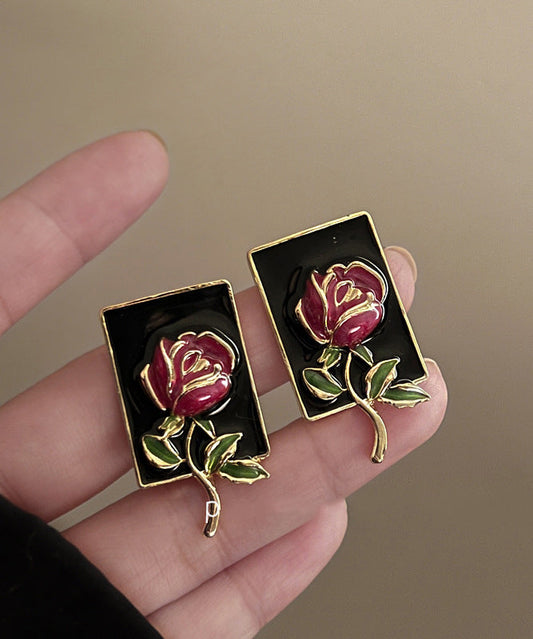 Regular Gold Sterling Silver Overgild Rose Drip Glaze Stud Earring Kx1049