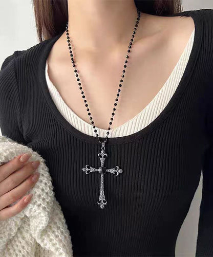 Retro Black Alloy Zircon Beads Cross Gratuated Bead Necklace