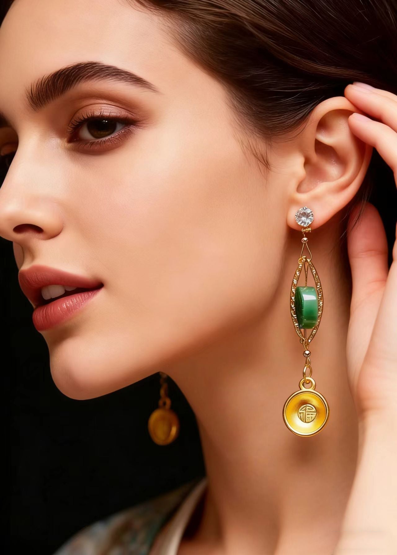 Retro Blessed Bowl Gilding Fine Jade Drop Earrings