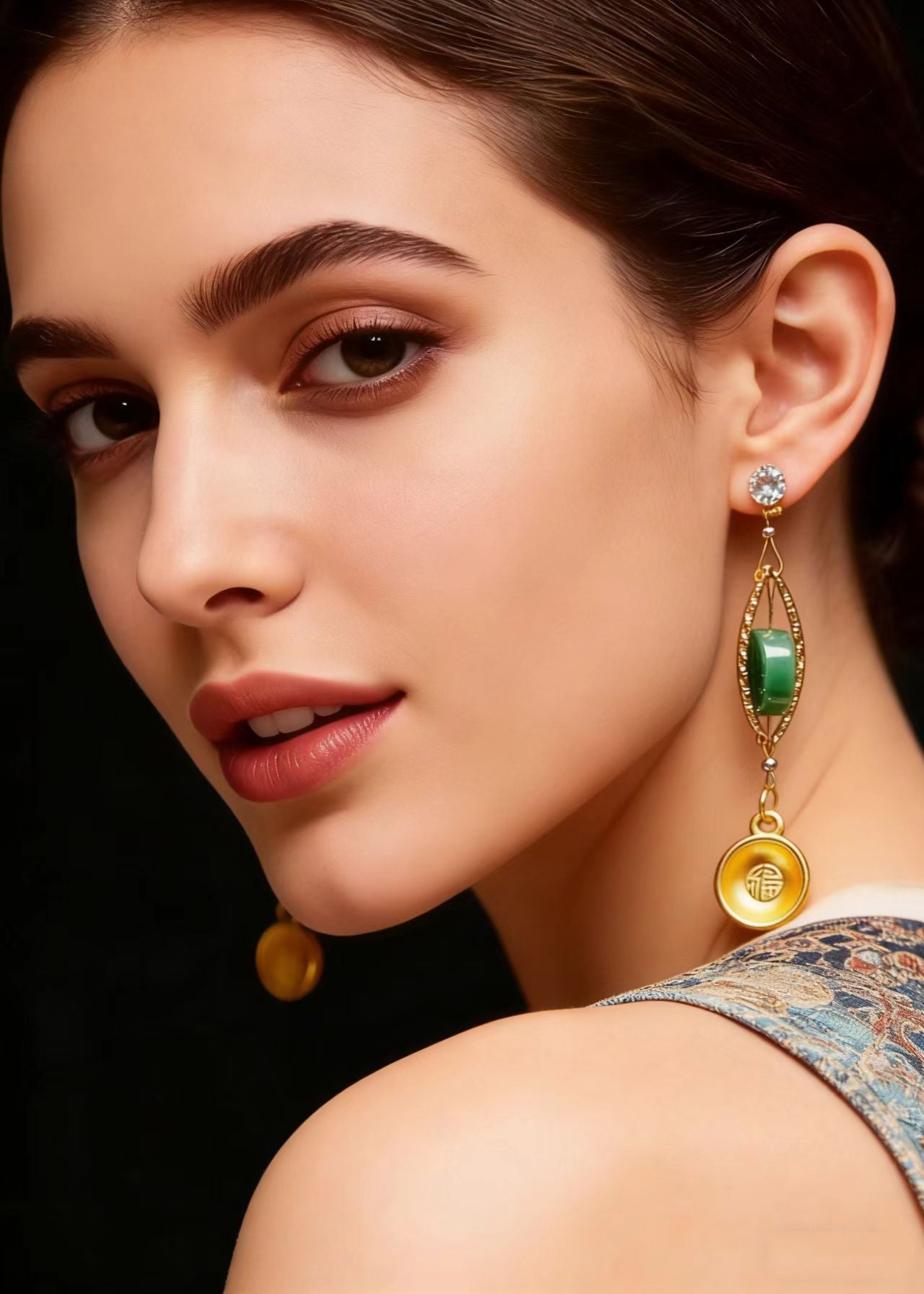 Retro Blessed Bowl Gilding Fine Jade Drop Earrings