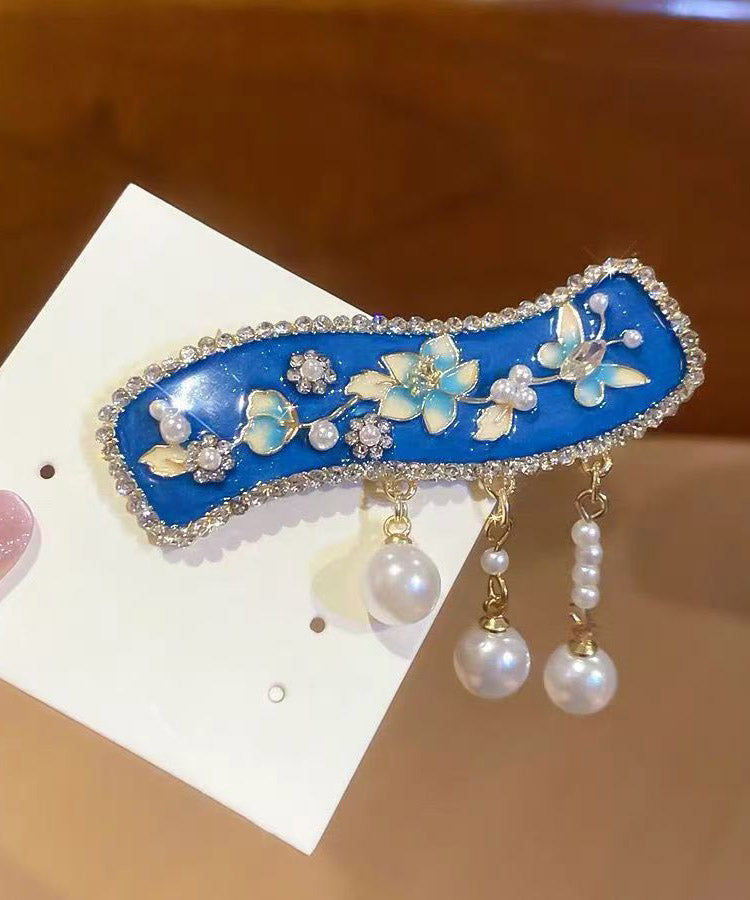 Retro Blue Alloy Dripping Glaze Pearl Tassel Hairpin