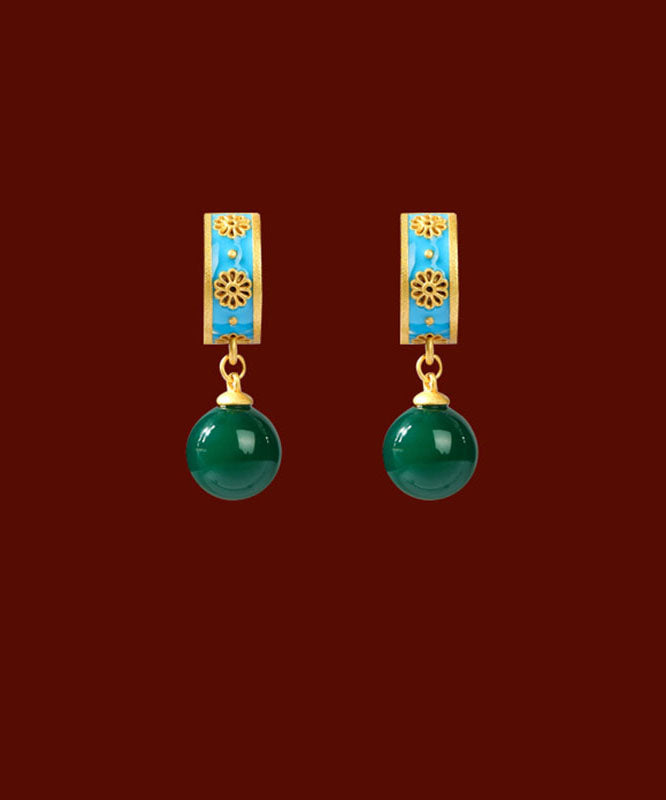 Retro Blue Ancient Gold Chalcedony Hoop Earrings