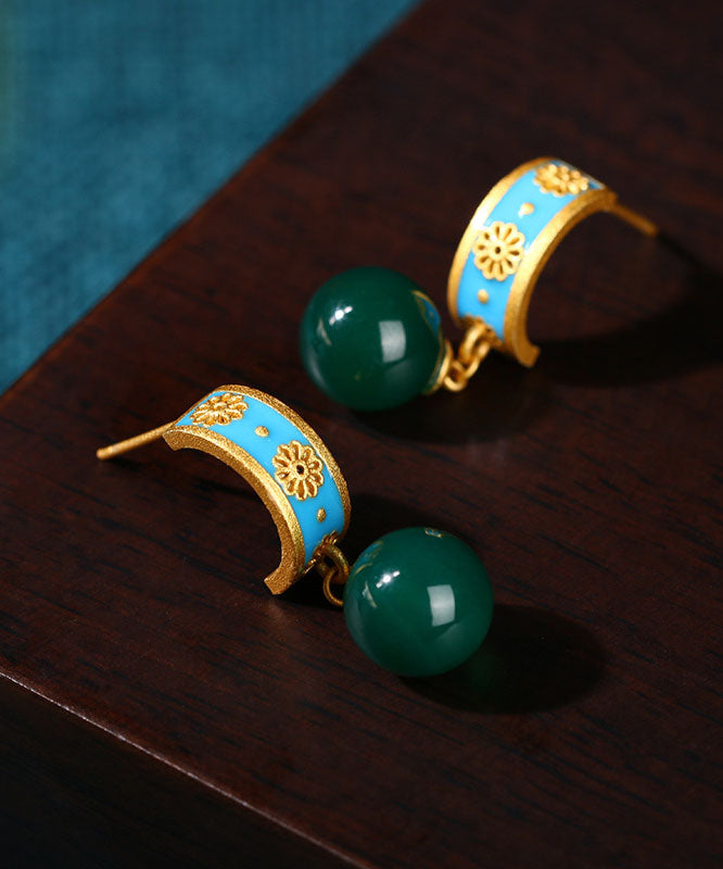 Retro Blue Ancient Gold Chalcedony Hoop Earrings