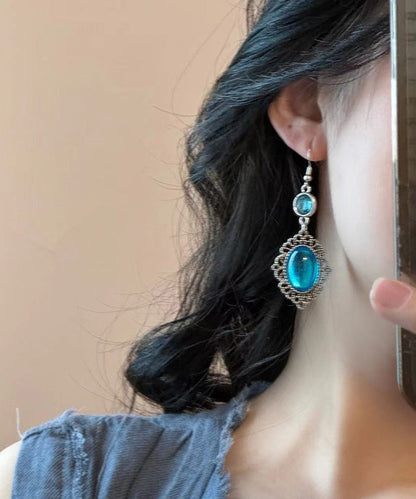 Retro Blue Sterling Silver Crystal Hollow Out Drop Earrings