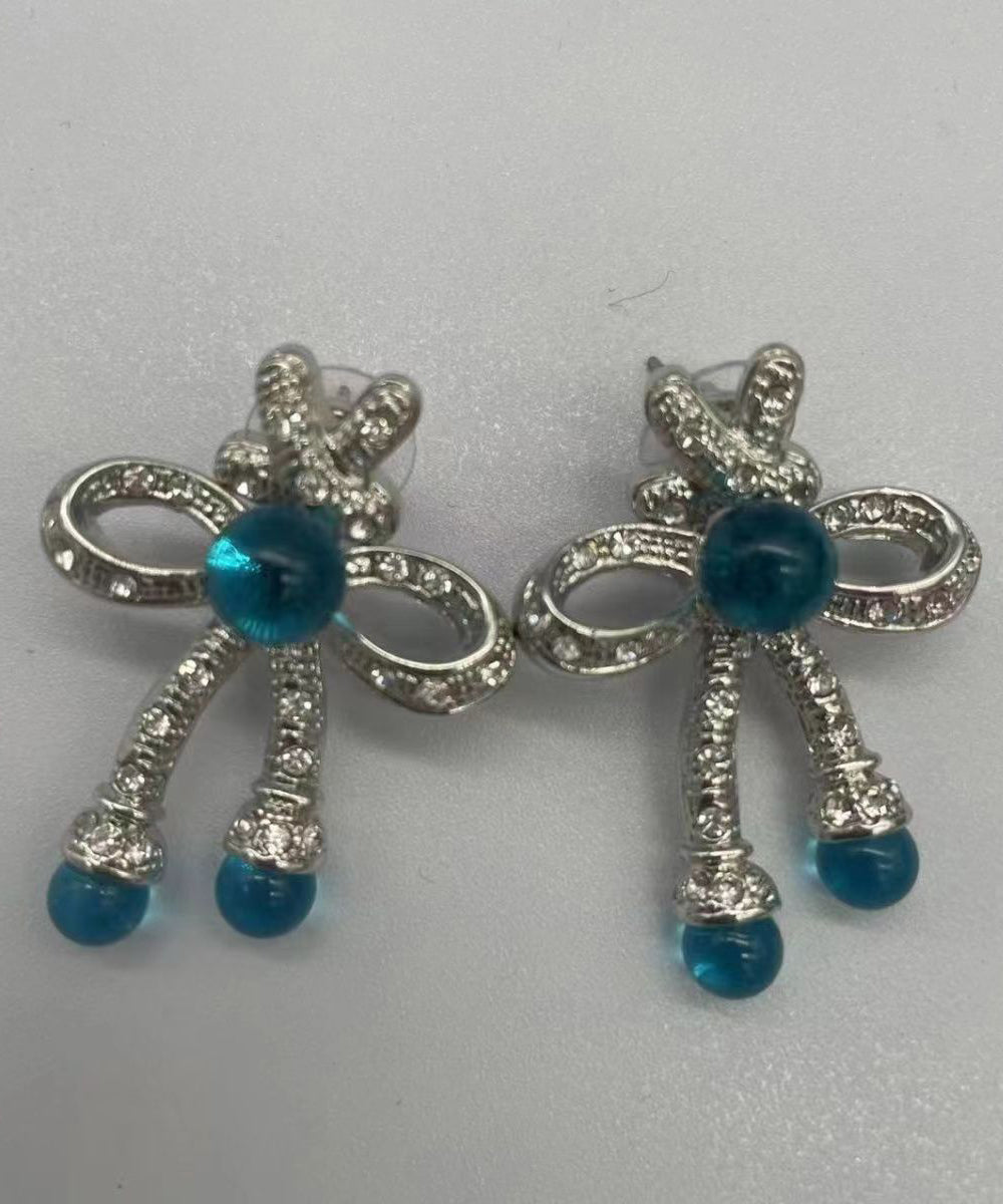 Retro Blue Sterling Silver Crystalcoloured Glaze Bow Stud Earrings