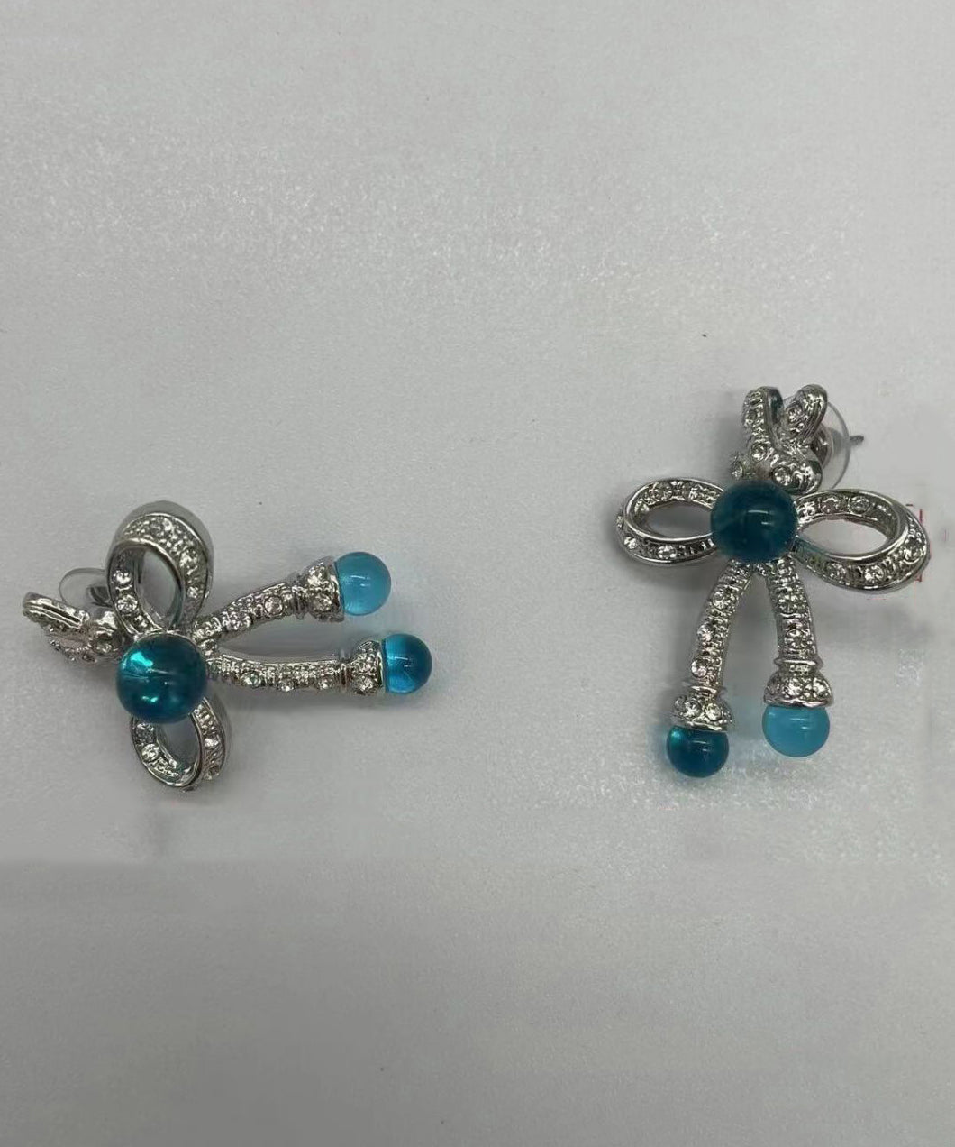 Retro Blue Sterling Silver Crystalcoloured Glaze Bow Stud Earrings Df1009