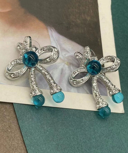 Retro Blue Sterling Silver Crystalcoloured Glaze Bow Stud Earrings Df1009