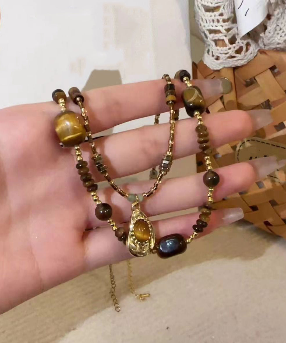 Retro Brown Bilayer Beading Tiger's Eye Pendant Necklace Ab1069