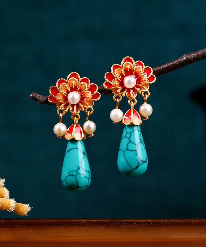 Retro Colorblock Ancient Gold Overgild Inlaid Pearl Enamel Drop Earrings Df1029