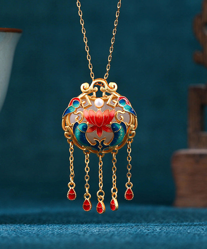 Retro Colorblock Sterling Silver Overgild Jade Enamel Every Year There Is Fish Tassel Pendant Necklace Kx1079