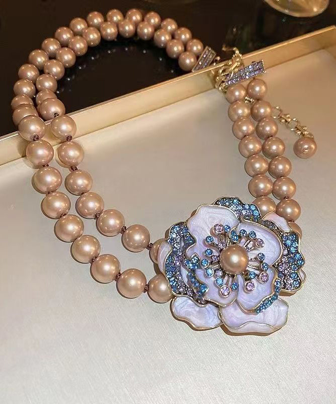 Retro Gold Copper Alloy Zircon Double Layer Pearl Princess Necklace