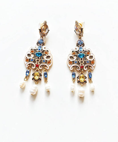 Retro Gold Sterling Silver Overgild Pearl Enamel Tassel Drop Earrings