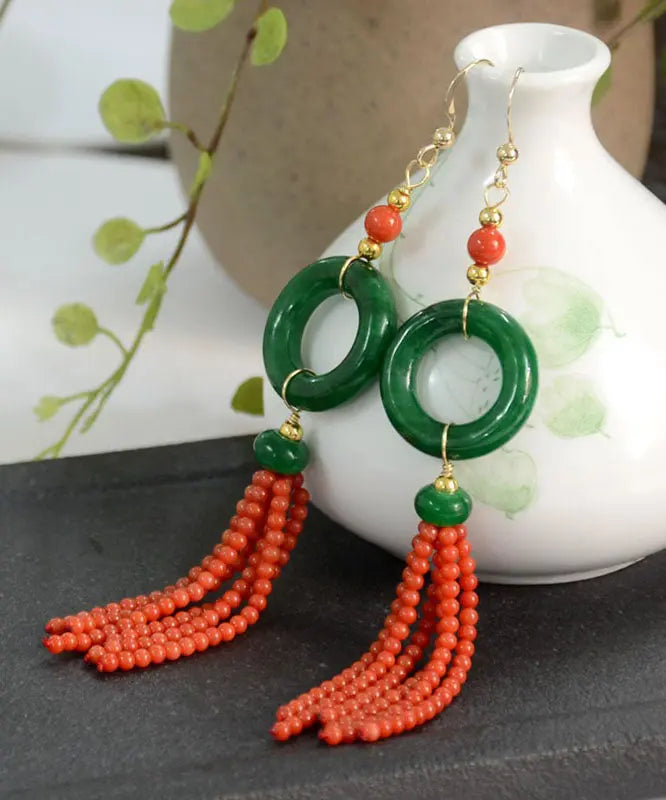 14k Gold Jade Tassel Circle Drop Earrings