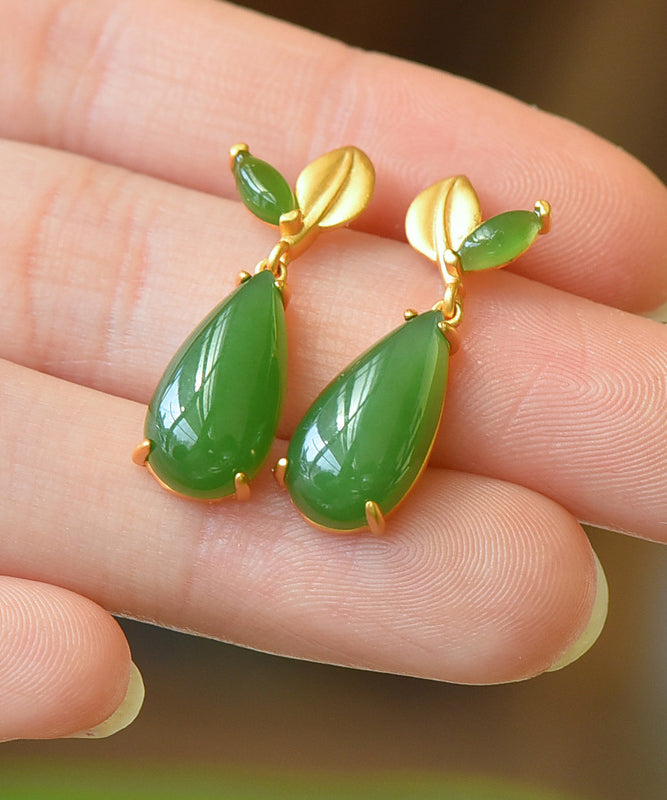 Retro Green Sterling Silver Overgild Jade Water Drop Drop Earrings Gh1019