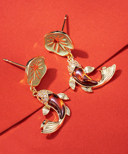 Retro Green Sterling Silver Overgilid Lotus Leaf Koi Drop Earrings Tw1042