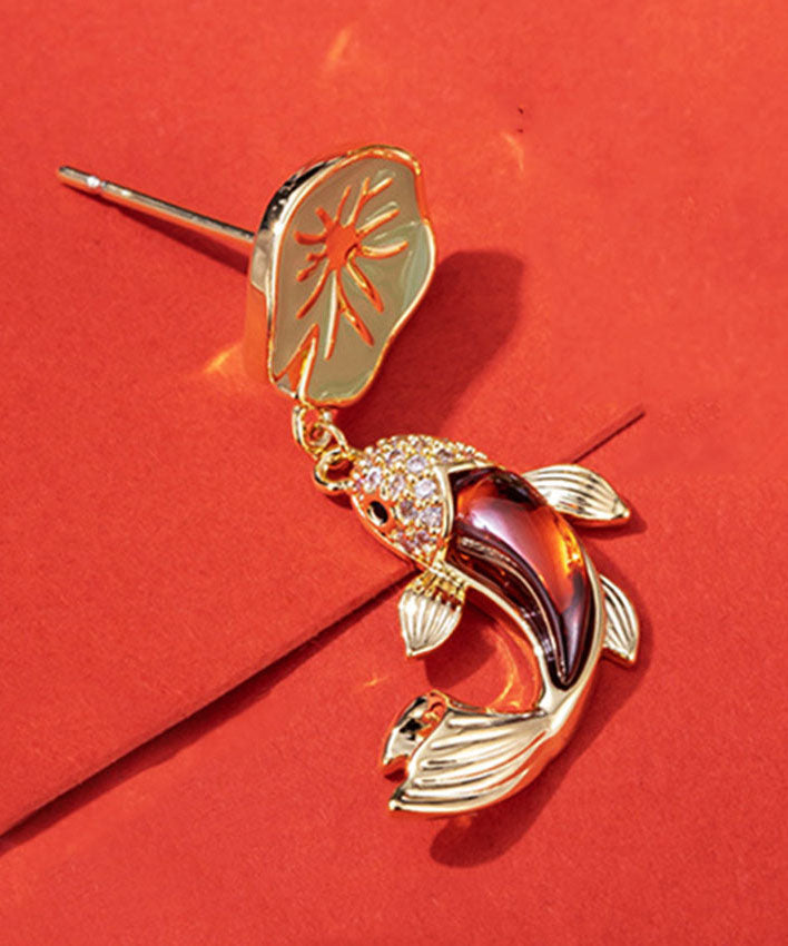 Retro Green Sterling Silver Overgilid Lotus Leaf Koi Drop Earrings Tw1042
