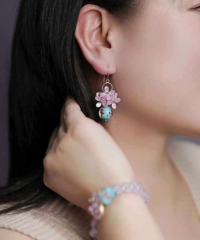 Retro Light Purple 24k Gold Coloured Glaze Synthetic Flower Drop Earrings