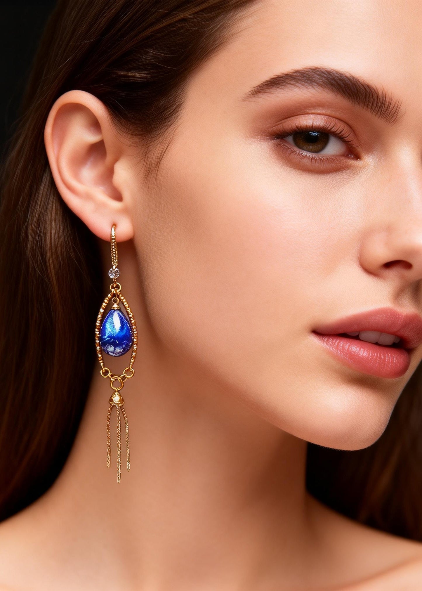 Retro Peacock Blue Water Droplet Gem Stone Tassels Drop Earring