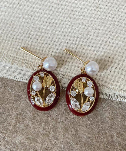Retro Red Sterling Silver Alloy Zircon Pearl Tulip Hoop Earrings
