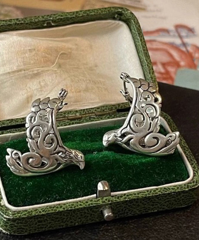 Retro Silk Sterling Silver Carve Bird in Flight Hollow Out Hoop Earrings
