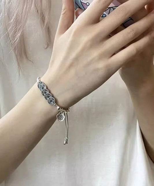 Retro Silk Sterling Silver Five Emperor Coins Tassel Charm Bracelet Gh1048