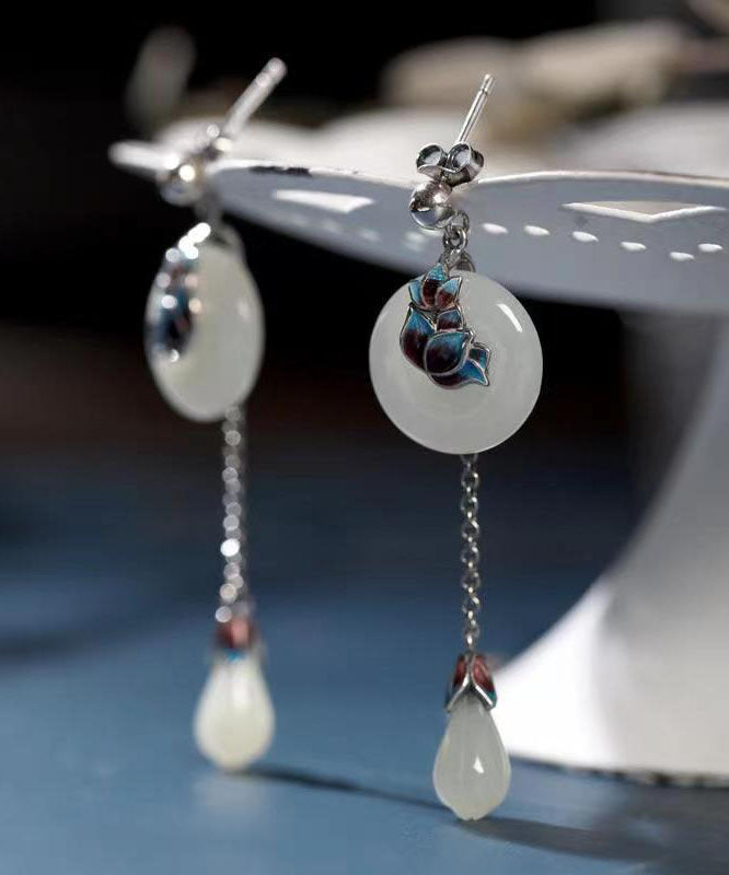 Retro White Sterling Silver Cloisonne Pearl Drop Earrings Tw1017