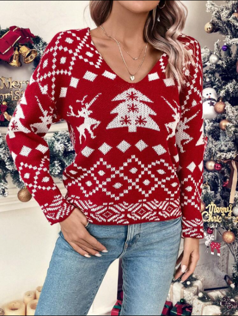 Women's Christmas Knit Sweater with Norwegian Pattern - Ugly Christmas Knit Sweater