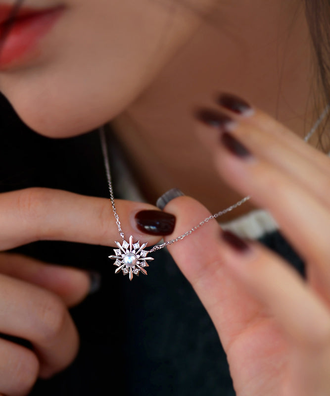 Romantic Christmas Snowflakes Pearl Adjustable Silver Pendant Necklace
