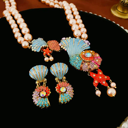 Rhinestone Shell & Starfish Double Pearl Necklace & Rhinestone Sea Shell & Ammonite Earrings Set