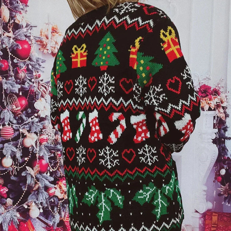Cardigan - Knit - Button Closure - Festive Design with Christmas Pattern - V-Neck