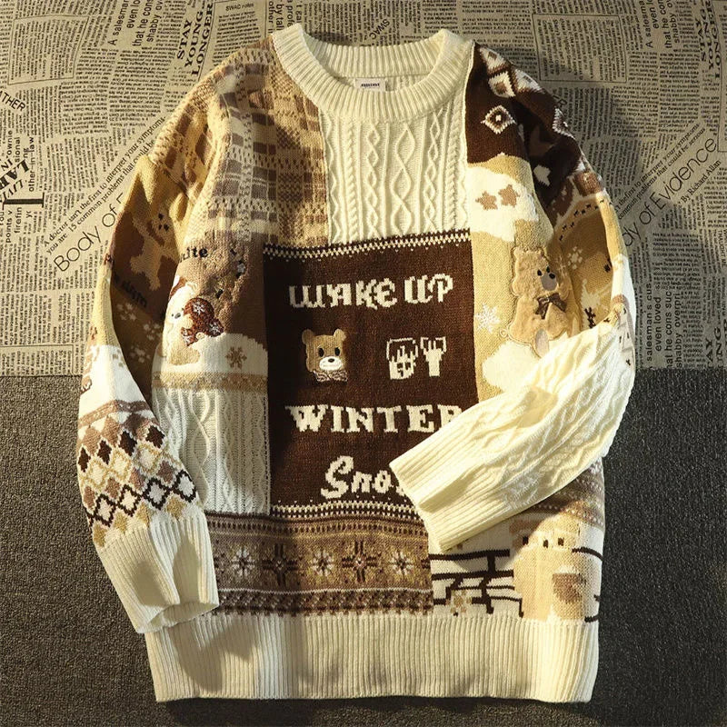 - Ugly Christmas Sweater - Relaxed Retro Sweater with V-Neck and Color Block Design