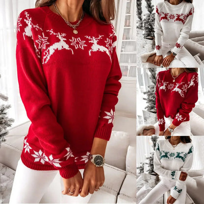 - Ugly Christmas Sweater - Comfortable Knit Sweater with Crew Neck, Reindeer and Snowflake Pattern