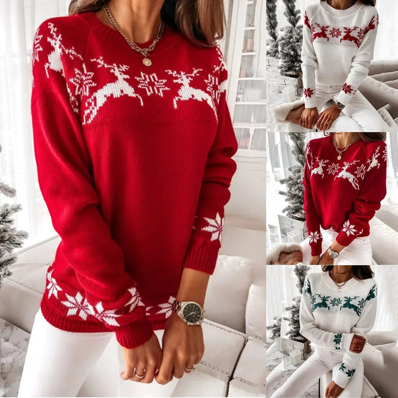 - Ugly Christmas Sweater - Comfortable Knit Sweater with Crew Neck, Reindeer and Snowflake Pattern