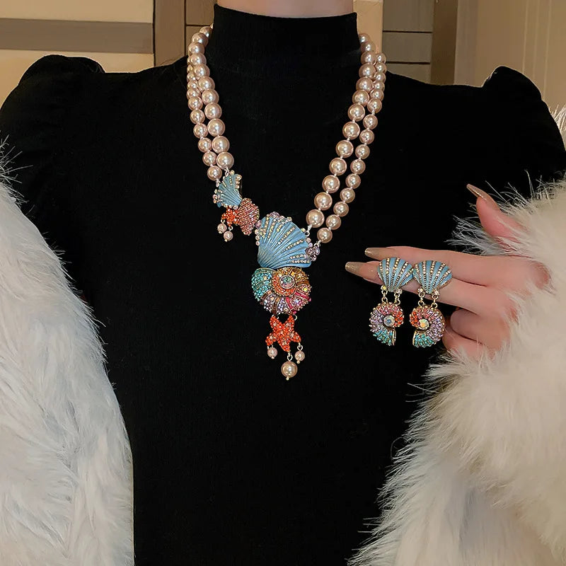 Rhinestone Shell & Starfish Double Pearl Necklace & Rhinestone Sea Shell & Ammonite Earrings Set