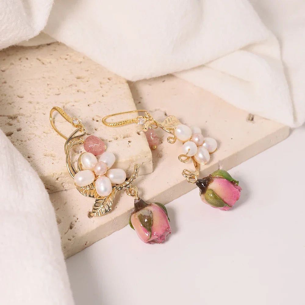 Pearl & Rose Drop Earrings
