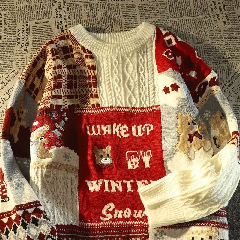 - Ugly Christmas Sweater - Relaxed Retro Sweater with V-Neck and Color Block Design