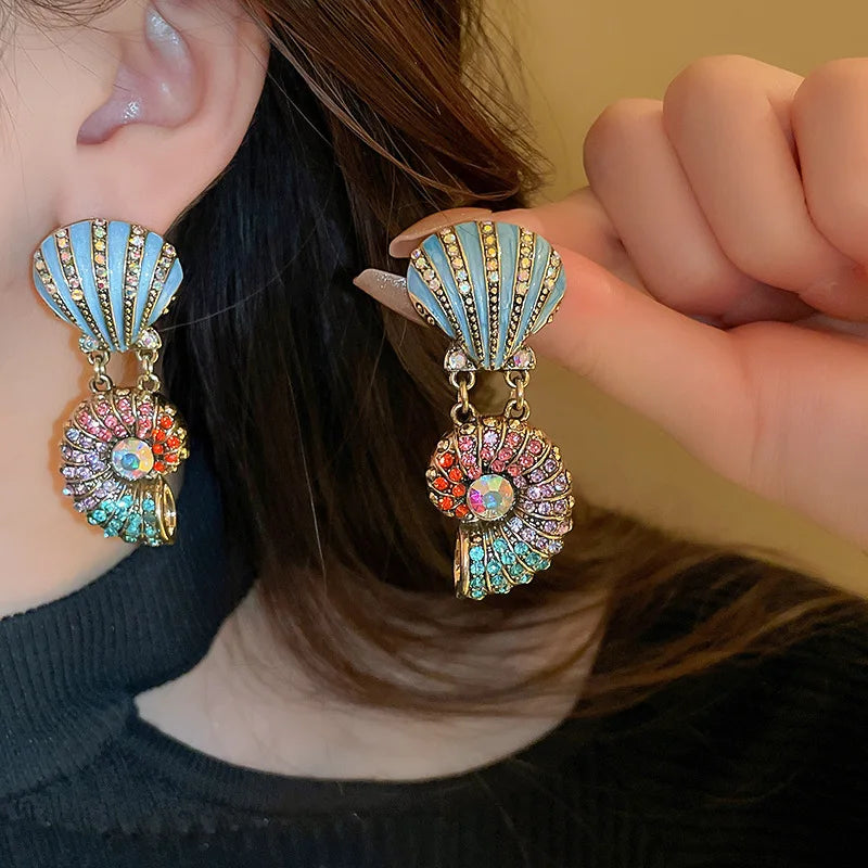 Rhinestone Shell & Starfish Double Pearl Necklace & Rhinestone Sea Shell & Ammonite Earrings Set