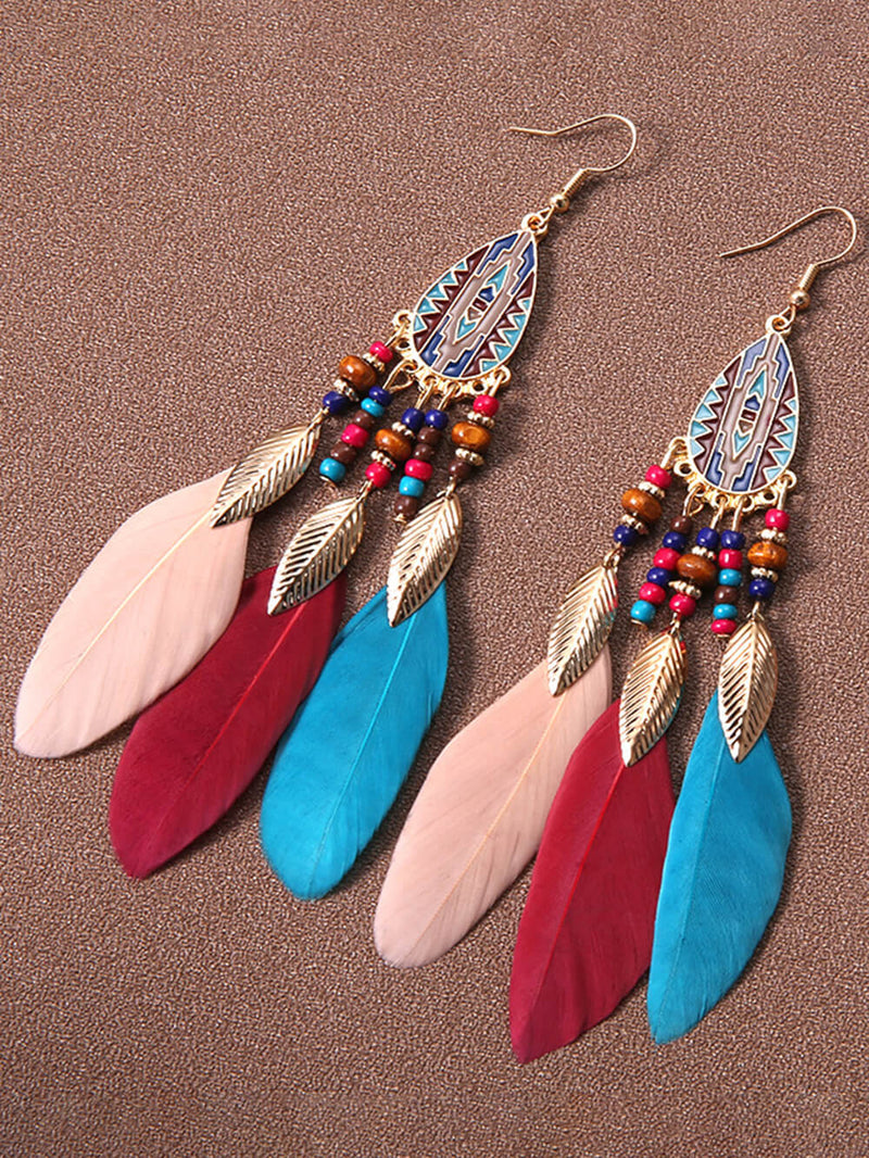 Rice Beads Holiday Droplet Tassel Feather Earrings