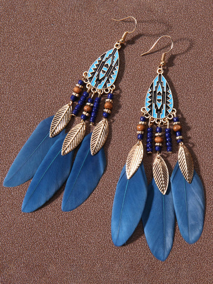 Rice Beads Holiday Droplet Tassel Feather Earrings