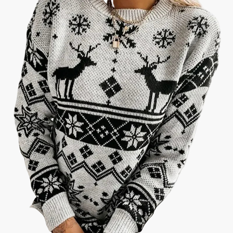 Christmas Sweater with Reindeer and Snowflake Pattern - Fashionable Winter Sweater for Festive Occasions
