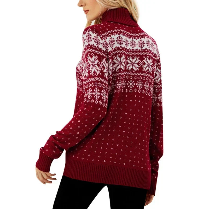 - Ugly Christmas Sweater - Vintage Turtleneck Sweater with Snowflake Motif