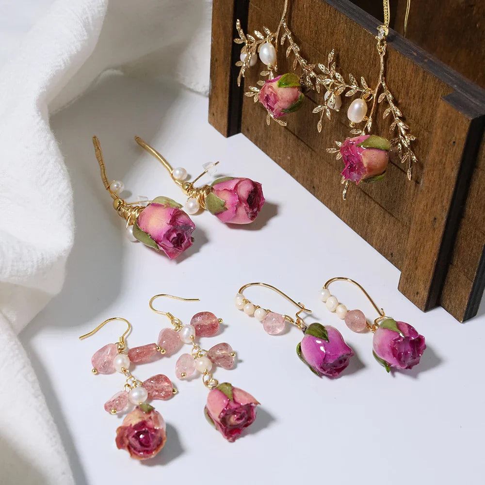 Pearl & Rose Drop Earrings