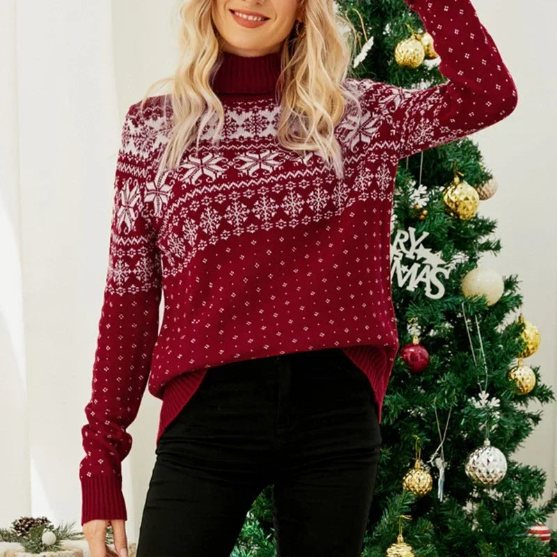 - Ugly Christmas Sweater - Vintage Turtleneck Sweater with Snowflake Motif