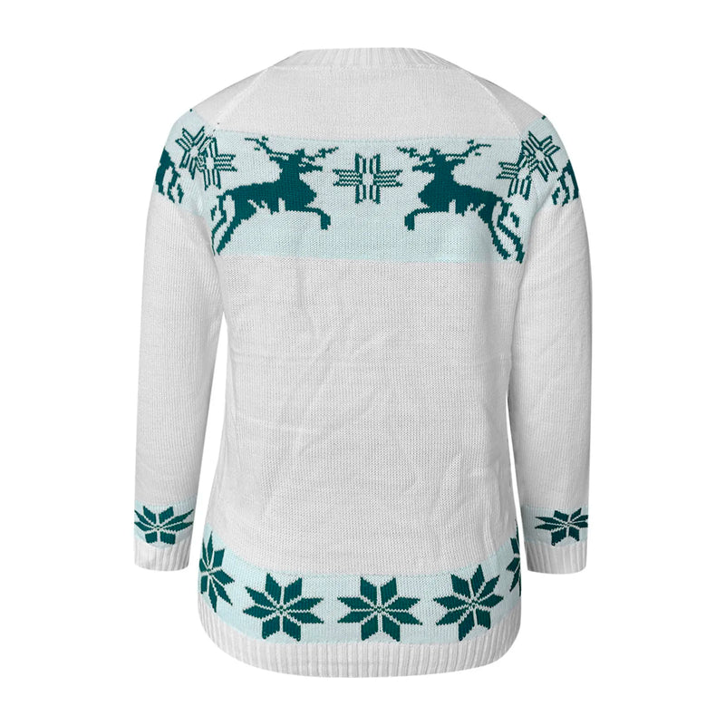- Ugly Christmas Sweater - Comfortable Knit Sweater with Crew Neck, Reindeer and Snowflake Pattern