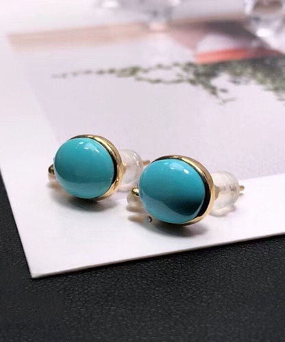 Simple Blue 18k Gold Inlaid Turquoise Jade Stud Earrings