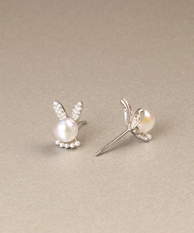 Simple White Rabbit Zircon and Pearl Stud Earrings