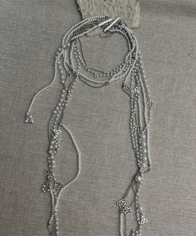 Simple White Metal Pearl Tassel Multilayer Gratuated Bead Necklace Wo006